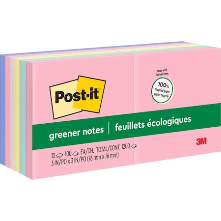 Post-It Note, Post-It, Rcyc, 3X3, 12Pk MMM654RPA